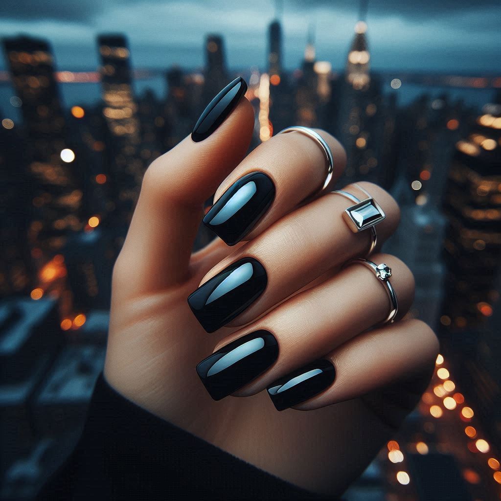 Glossy Black Baddie Square Nails