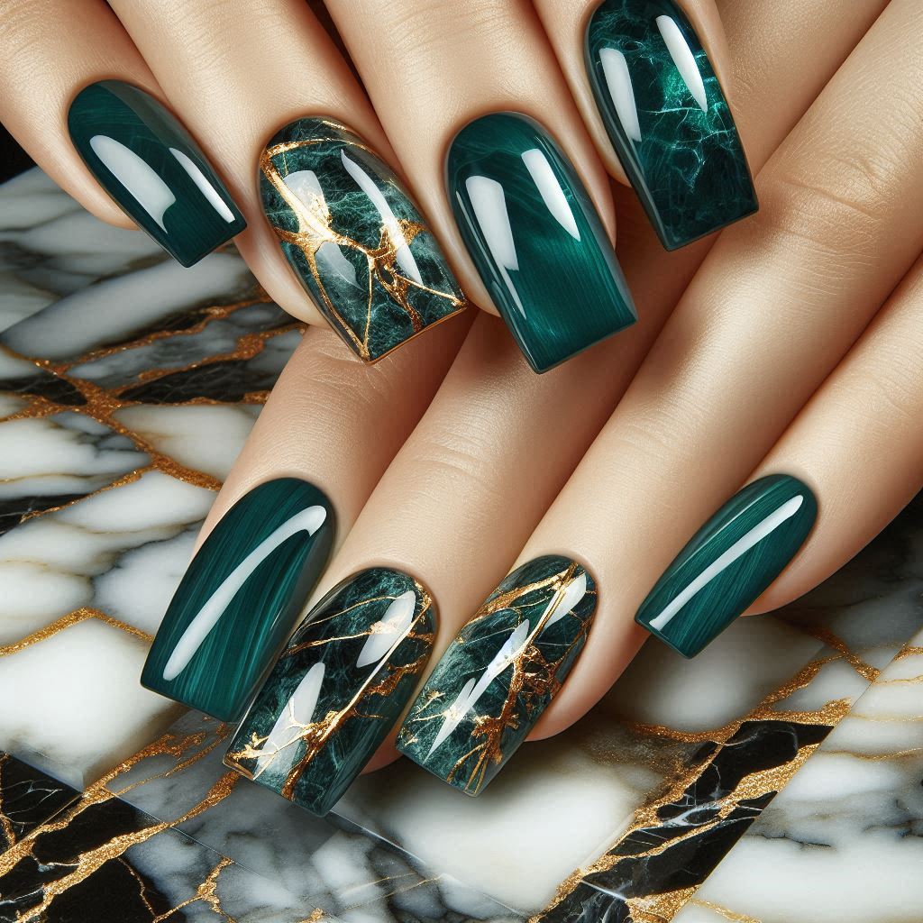 Green Marble Baddie Square Nails