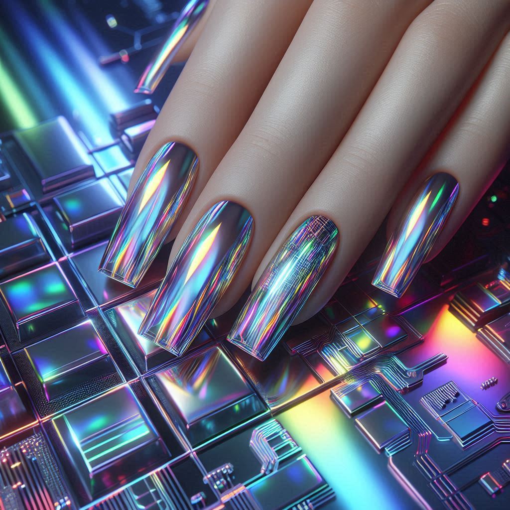 Holographic Silver Baddie Square Nails