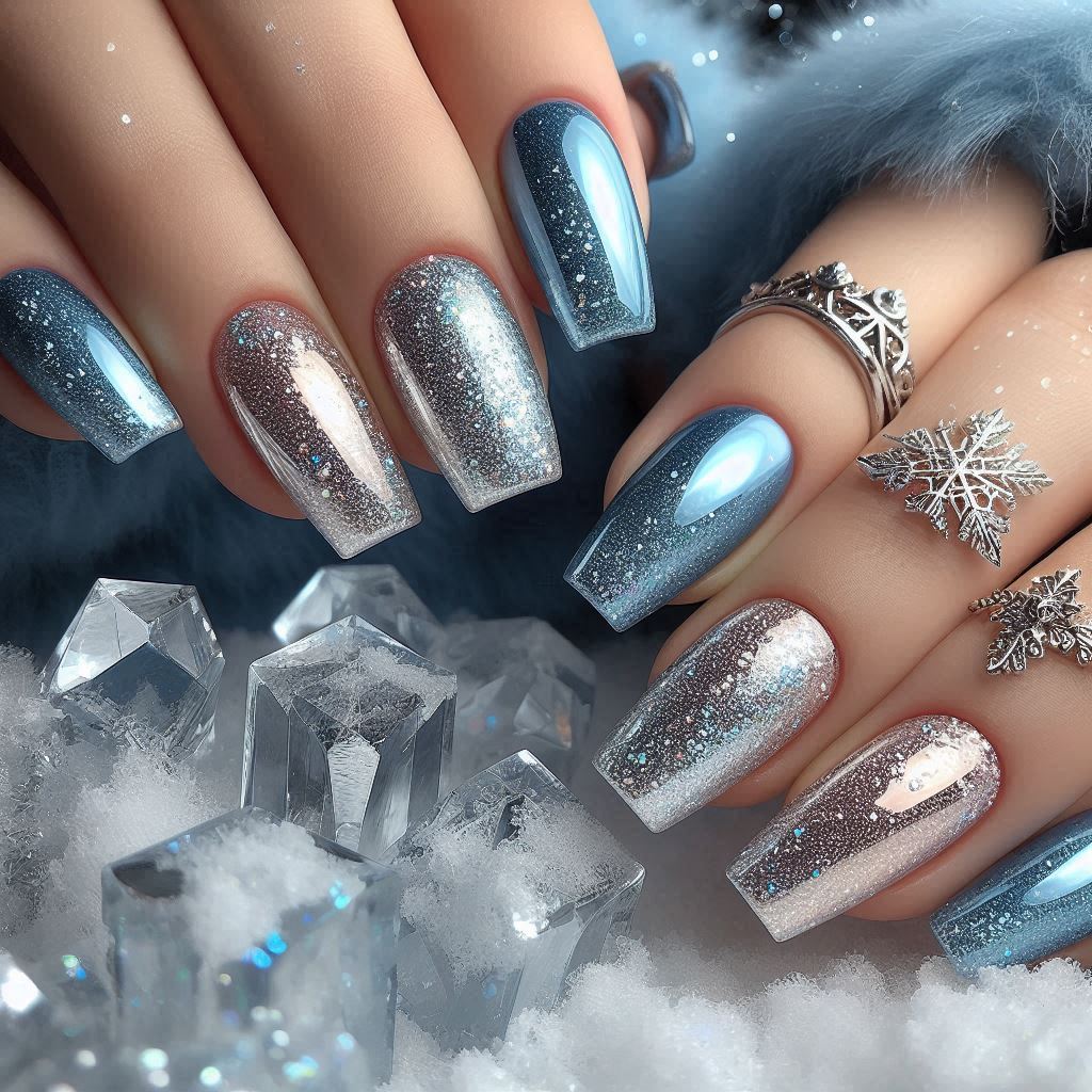 Icy Blue Glitter Baddie Square Nails