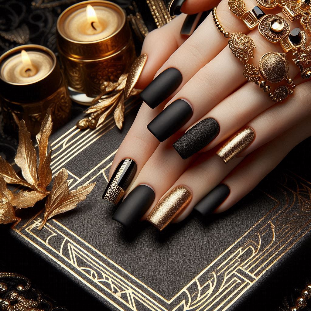 Matte Black and Gold Baddie Square Nails