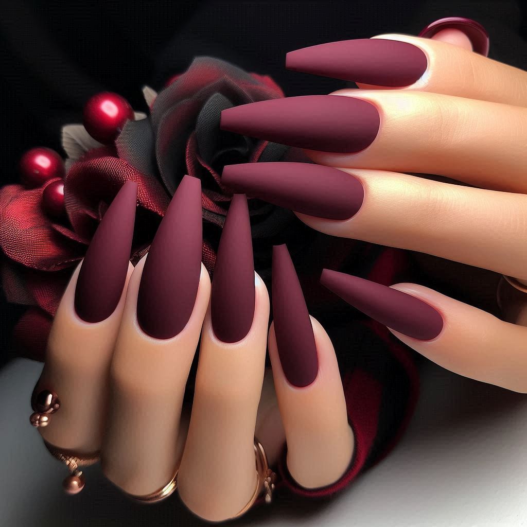Matte Burgundy Coffin Nails