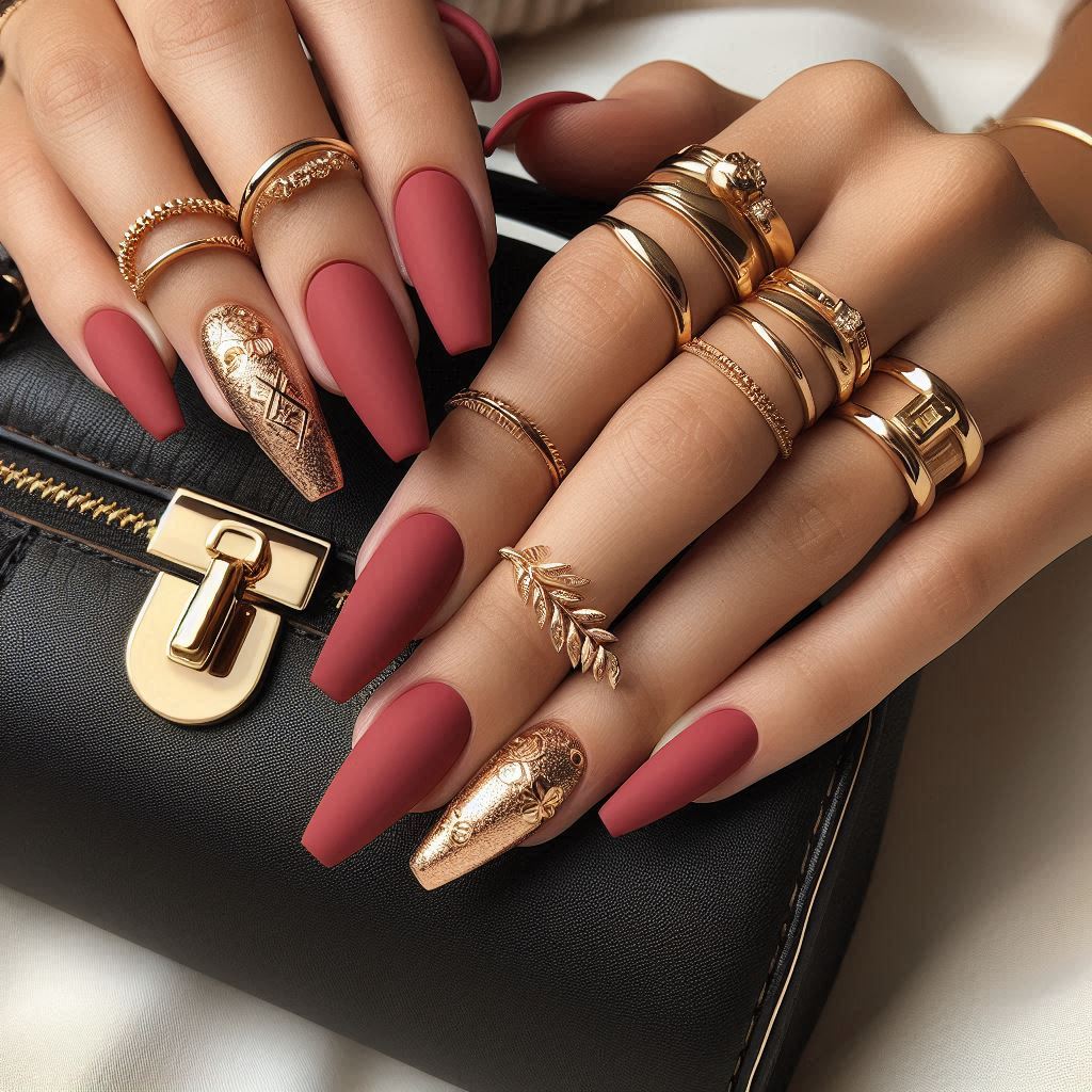 Matte Red Coffin Nails with Gold Foil