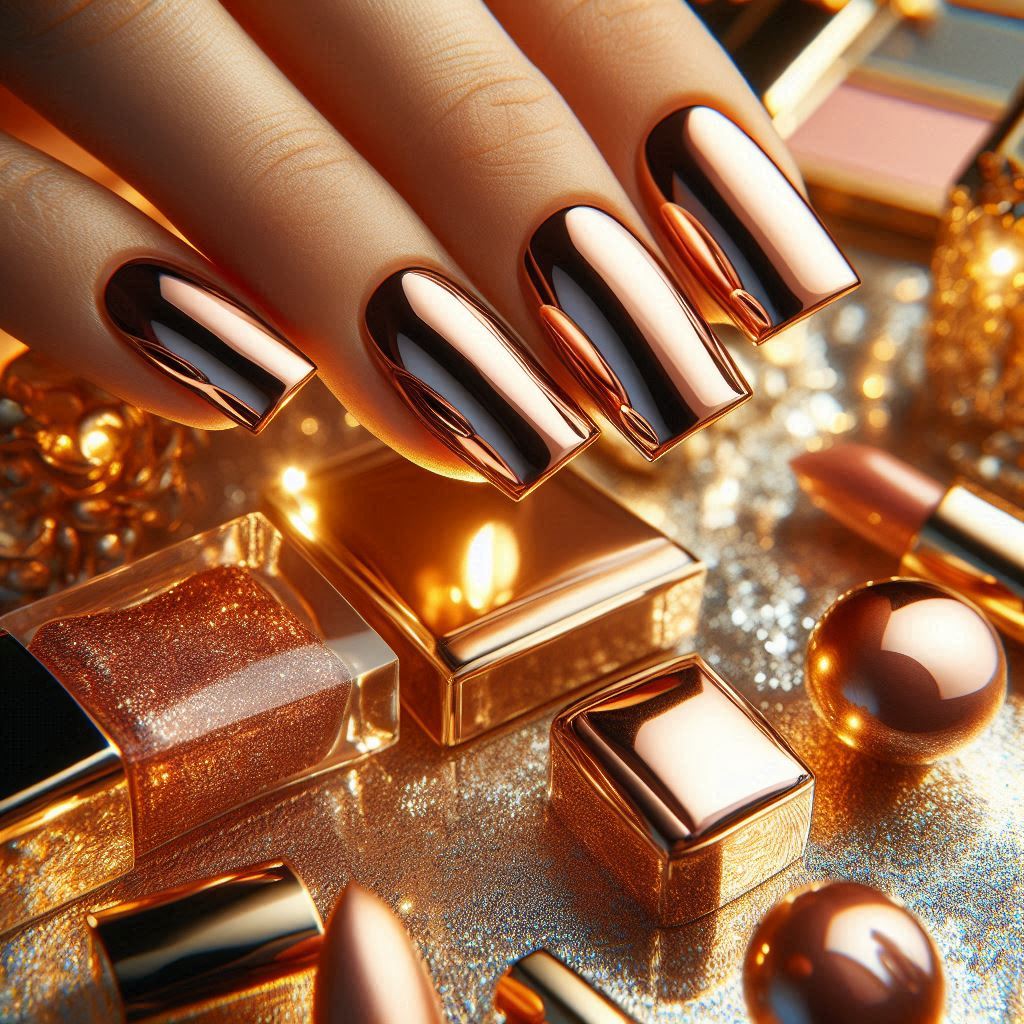 Metallic Rose Gold Baddie Square Nails