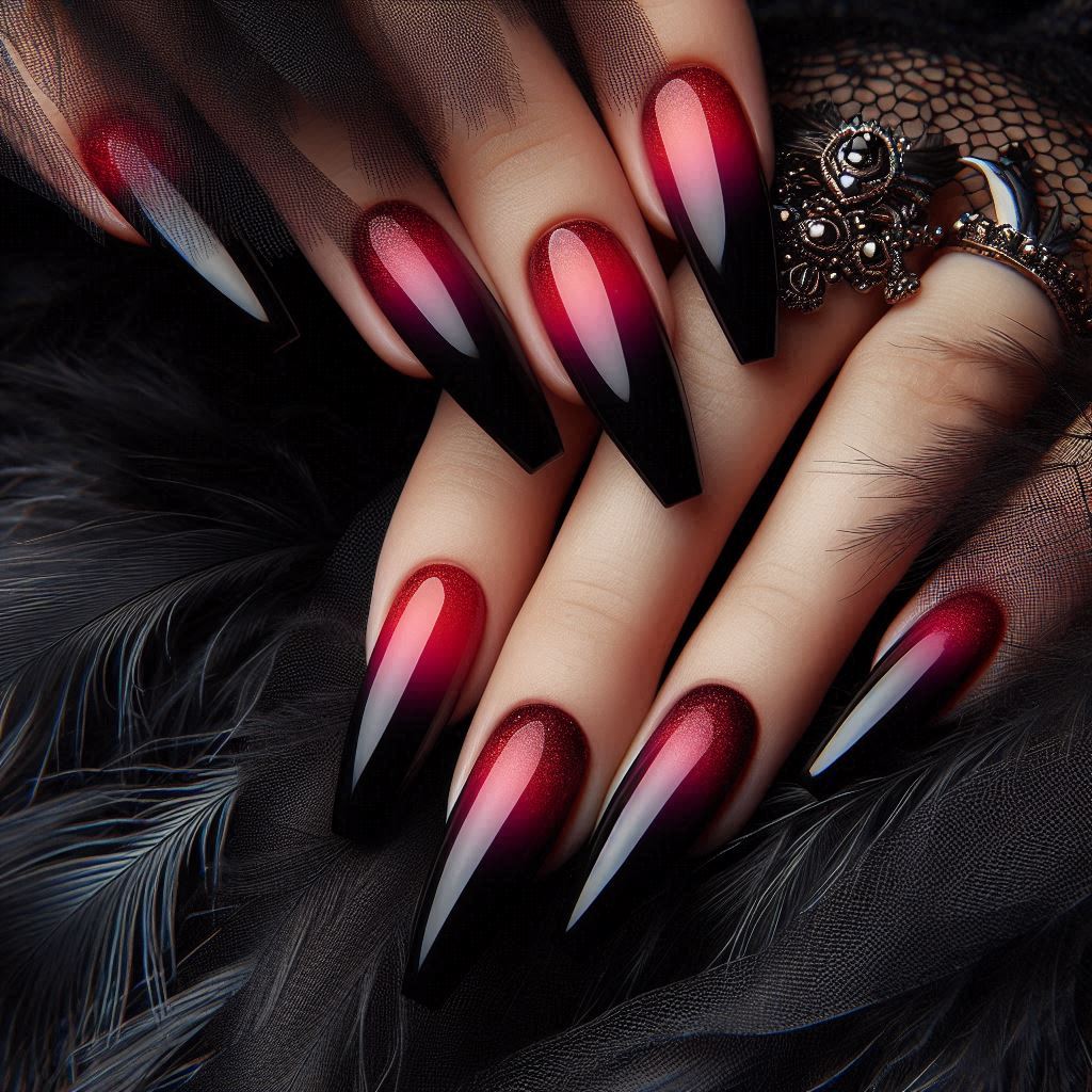 Ombre Coffin Baddie Red and Black Acrylic Nails