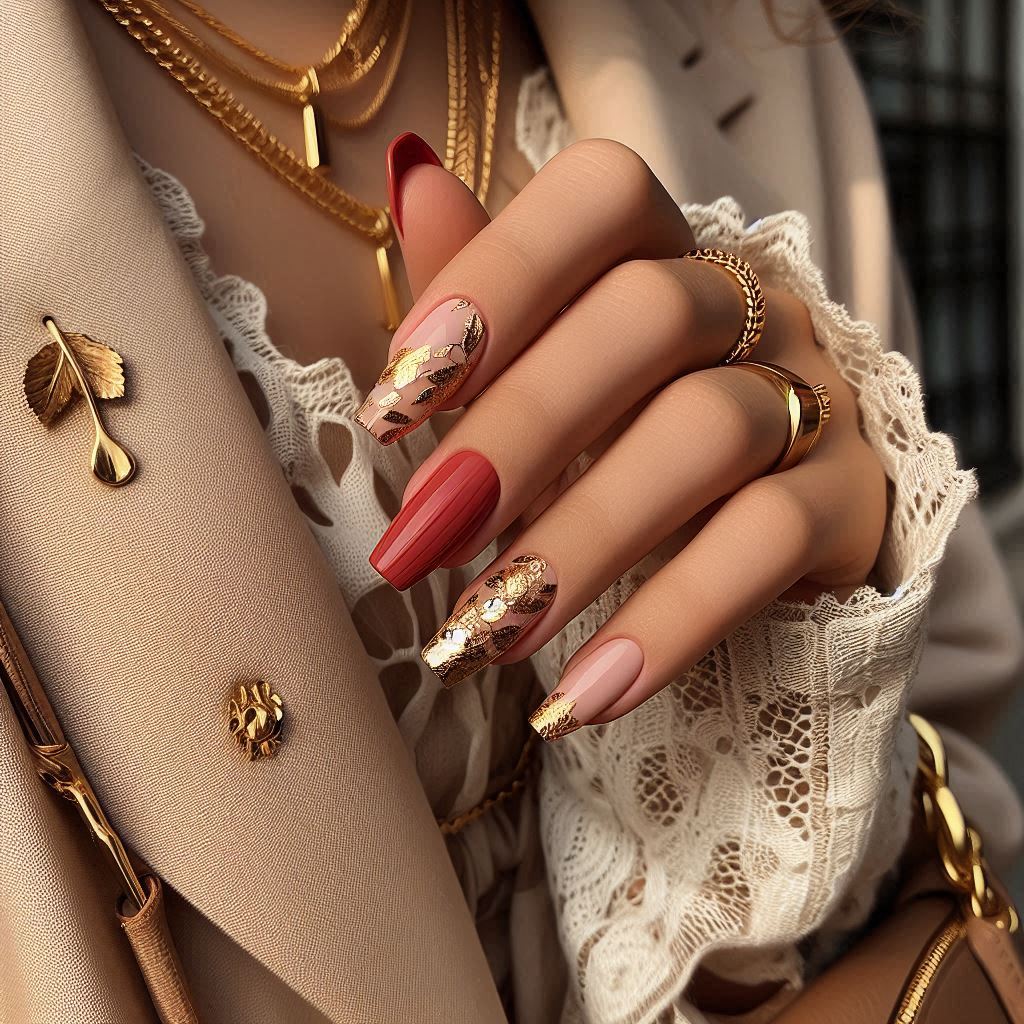 Ombre Red Coffin Nails with Gold Leaf Accents