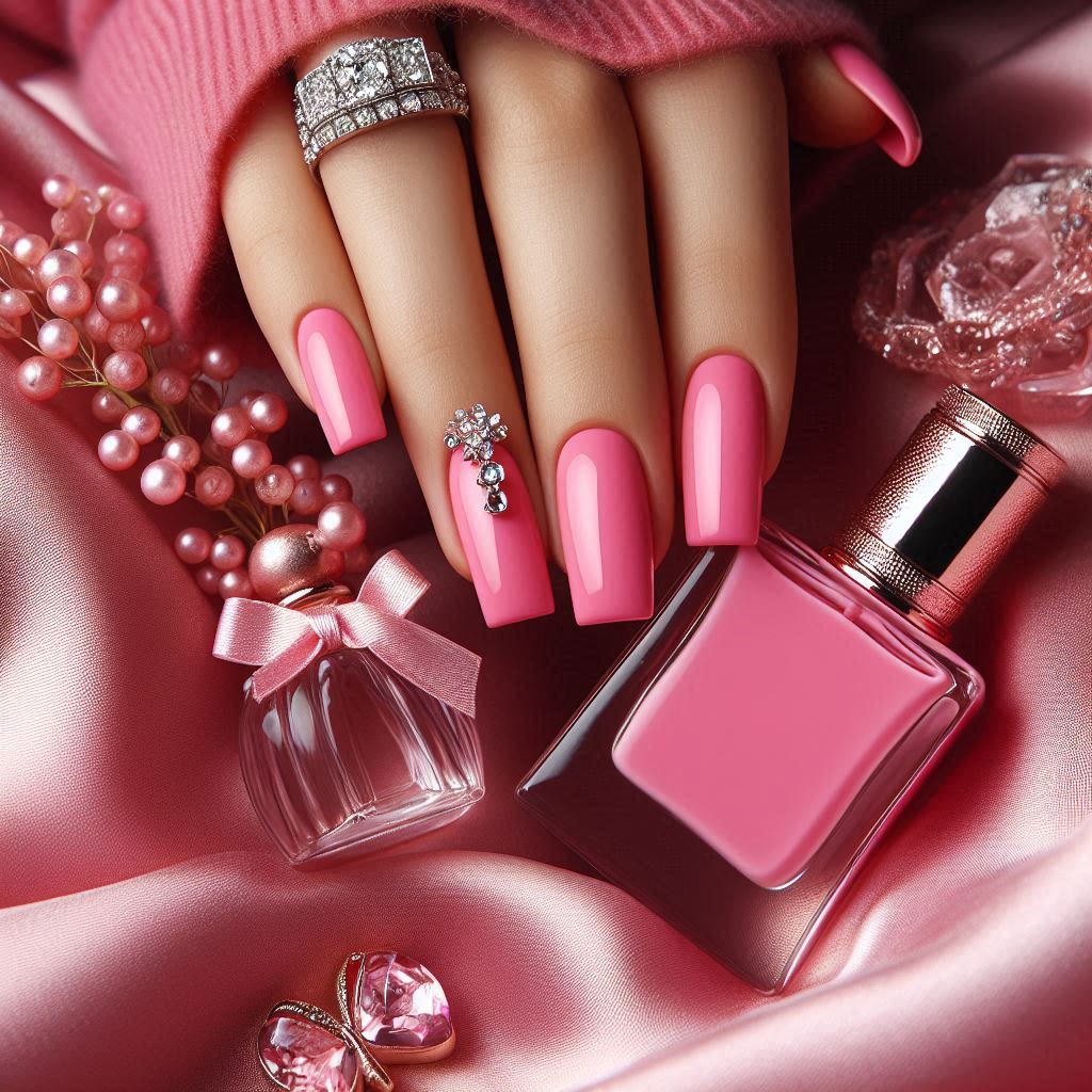 Pink Baddie Square Nails with Rhinestones