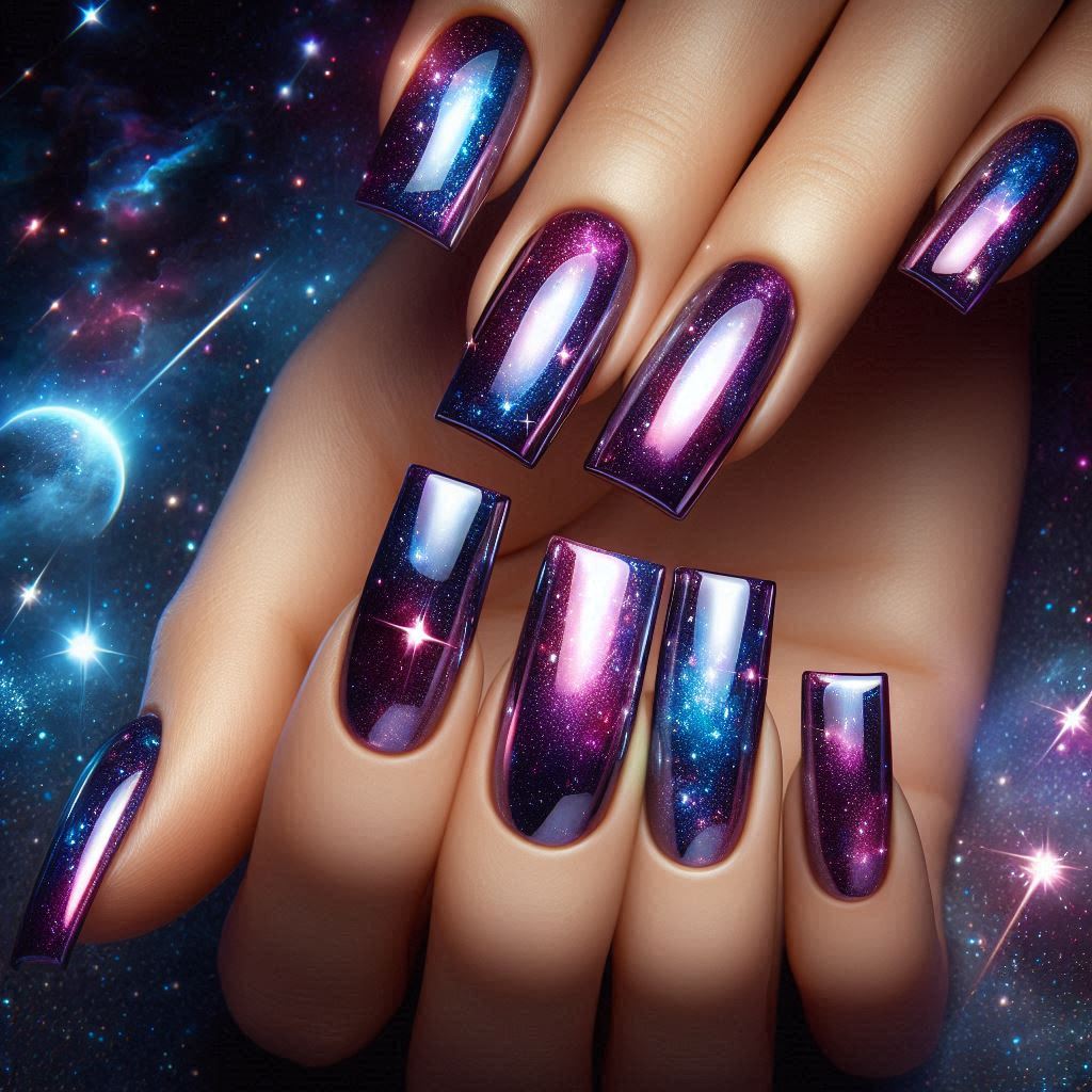 Purple Chrome Baddie Square Nails