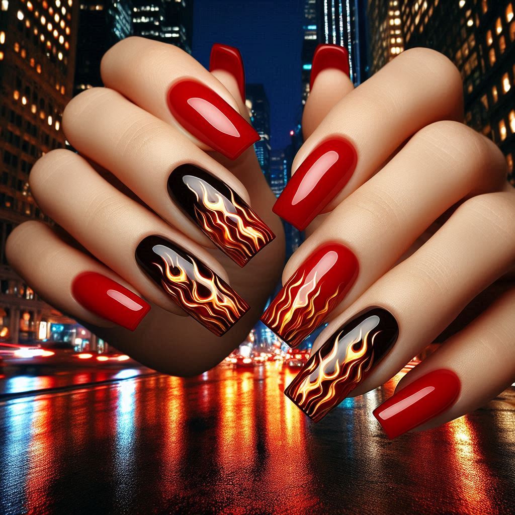 Red Baddie Square Nails with Flame Art