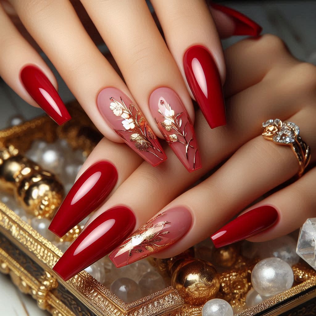 Red Coffin Baddie Nails with Gold Foil Accents