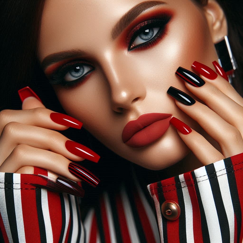 Red Coffin Nails with Black Stripes and Red Accent