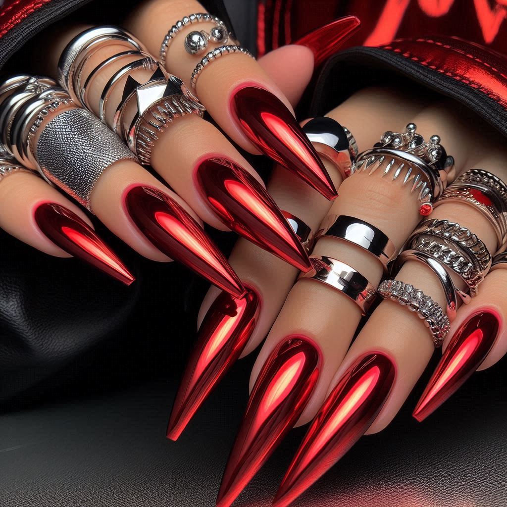 Red Coffin Nails with Chrome Accents
