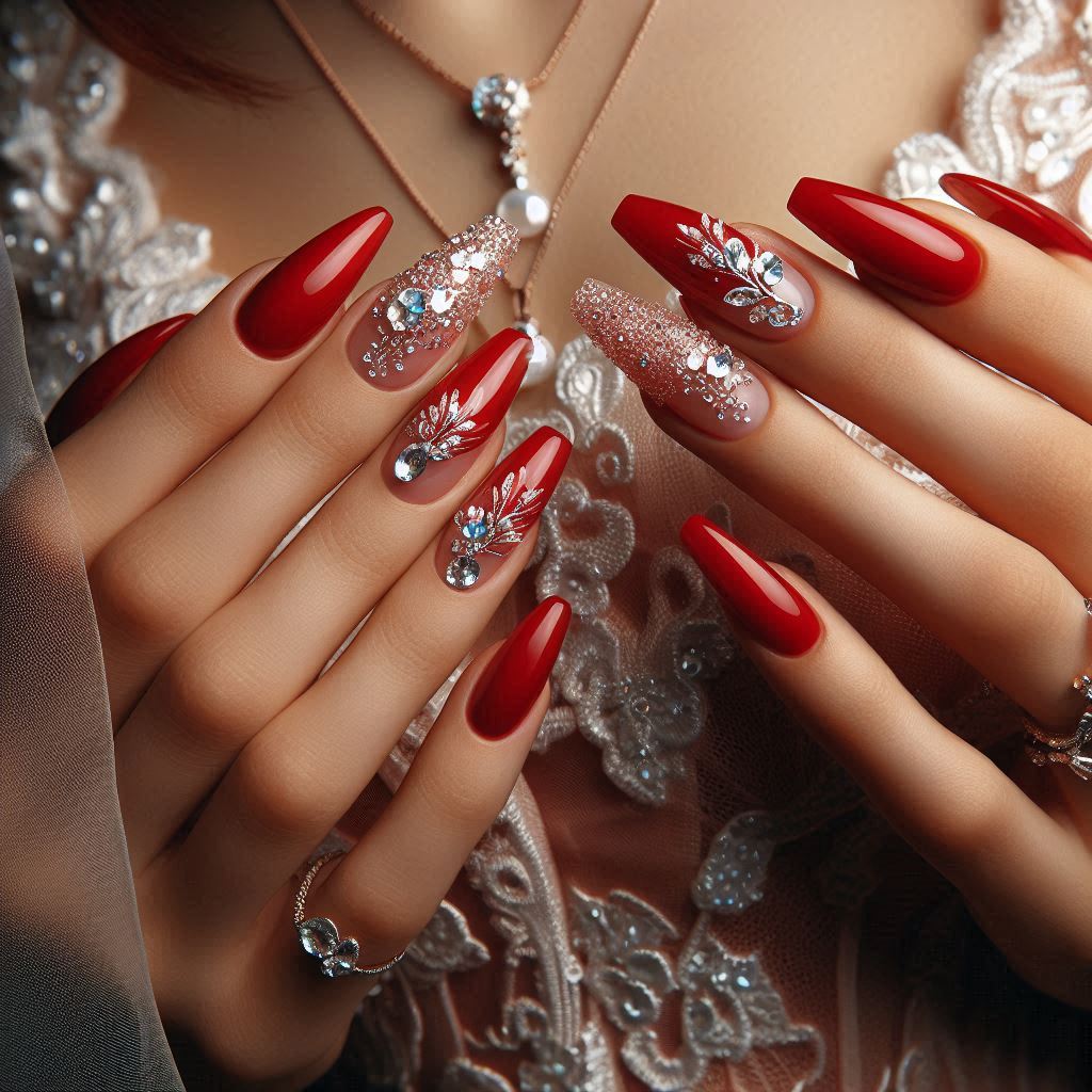 Red Coffin Nails with Crystal Accents