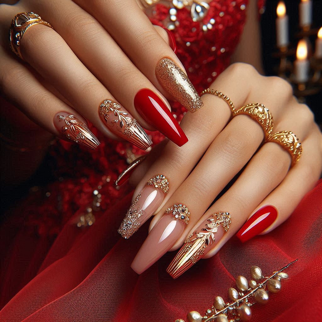 Red Coffin Nails with Gold Foil Accents