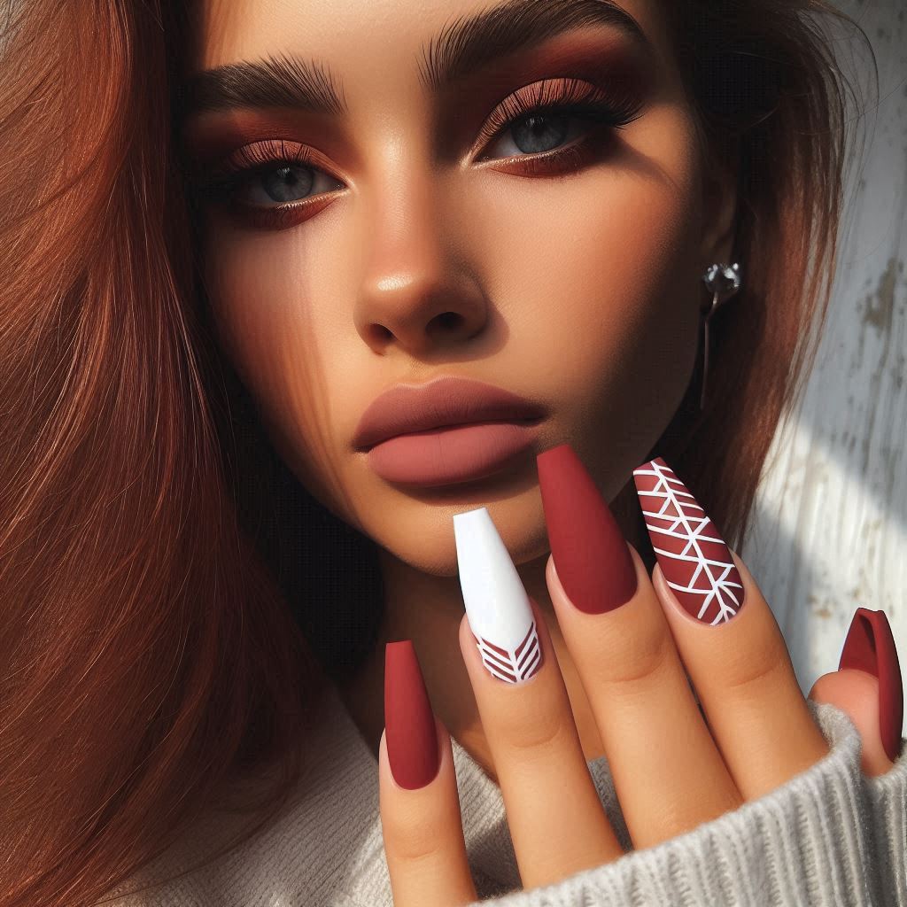 Red Coffin Nails with Matte Finish and White Detailing