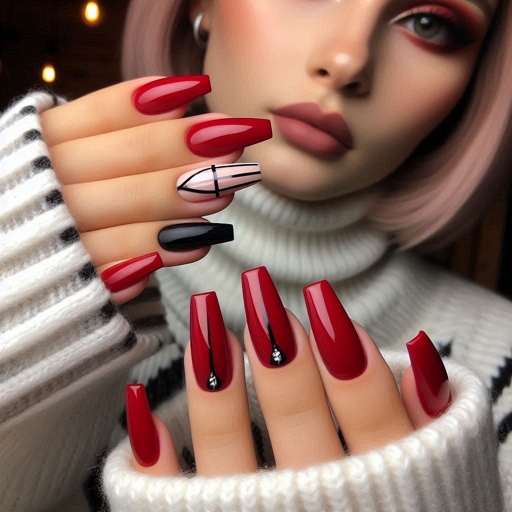 Red Coffin Nails with Minimalist Art