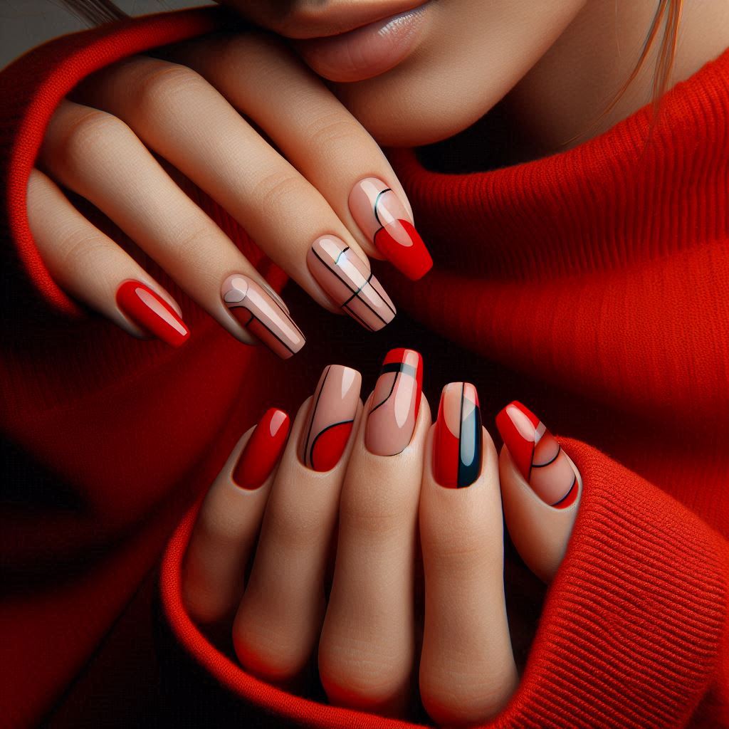 Red Coffin Nails with Negative Space Art
