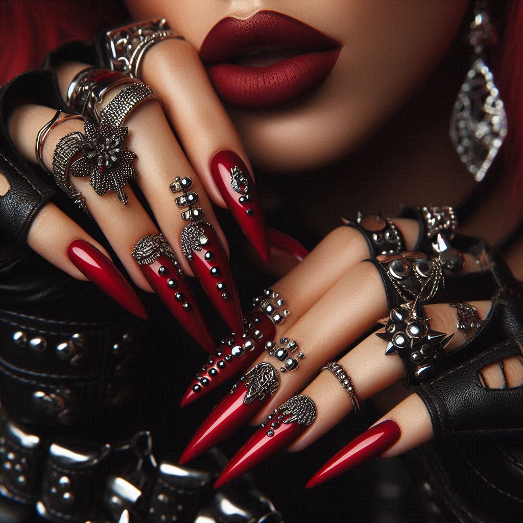 Red Coffin Nails with Silver Studded Tips
