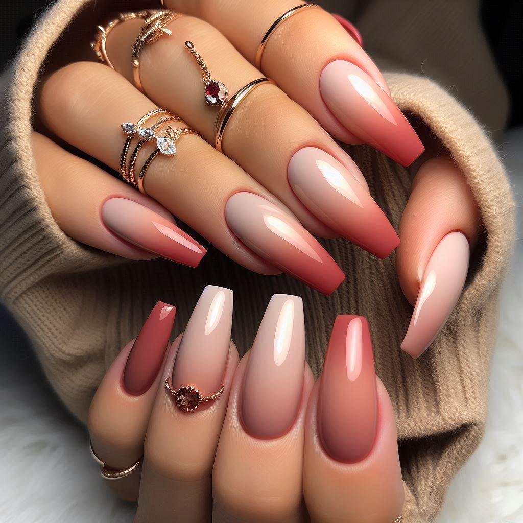 Red and Nude Ombre Coffin Nails