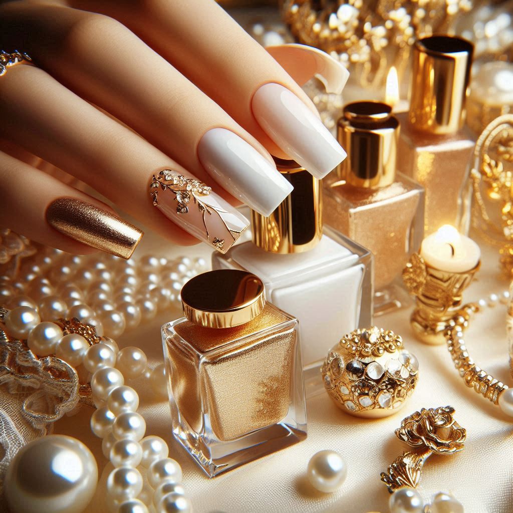 White and Gold Luxury Baddie Square Nails
