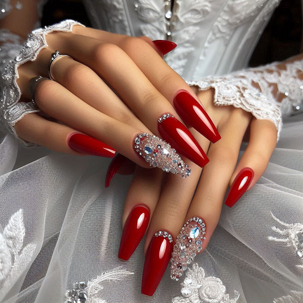 Classic Red Coffin Nails with Rhinestone Embellishments