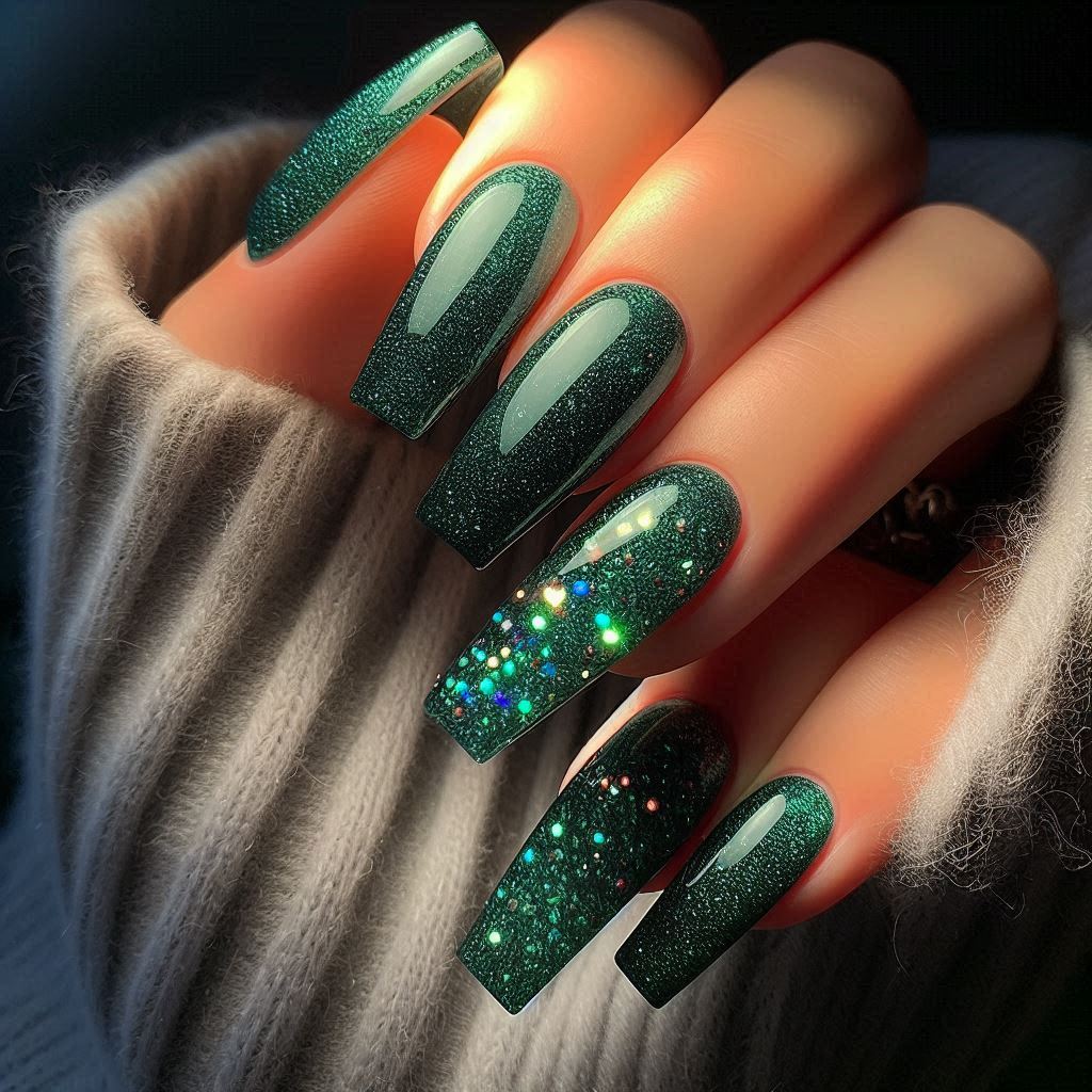 Emerald Green Glitter Nails