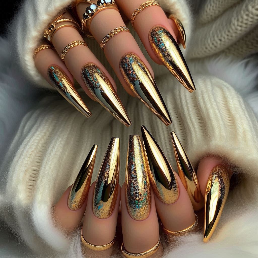 Gold Chrome Coffin Nails