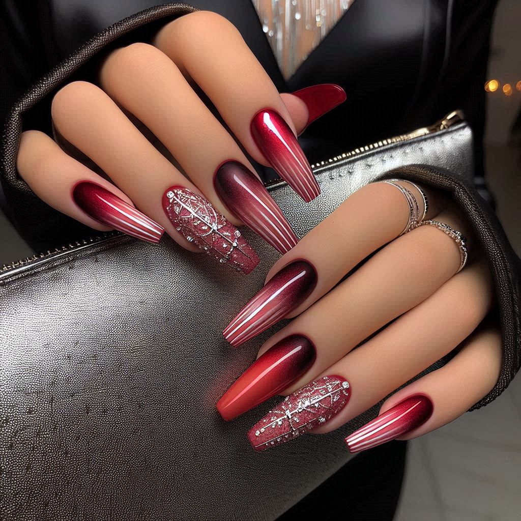 Gradient Red Coffin Nails with Silver Lining