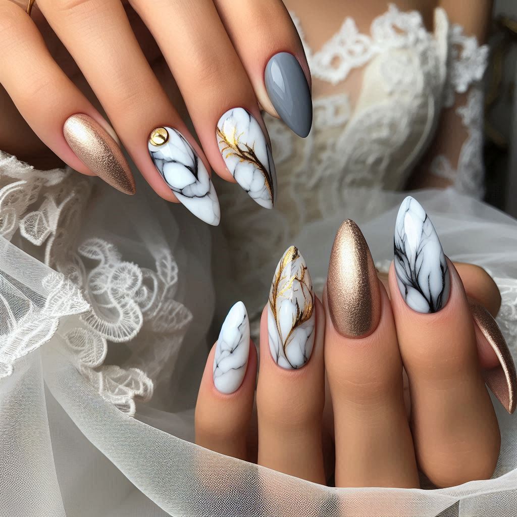 Luxe White & Gold Marble Nails
