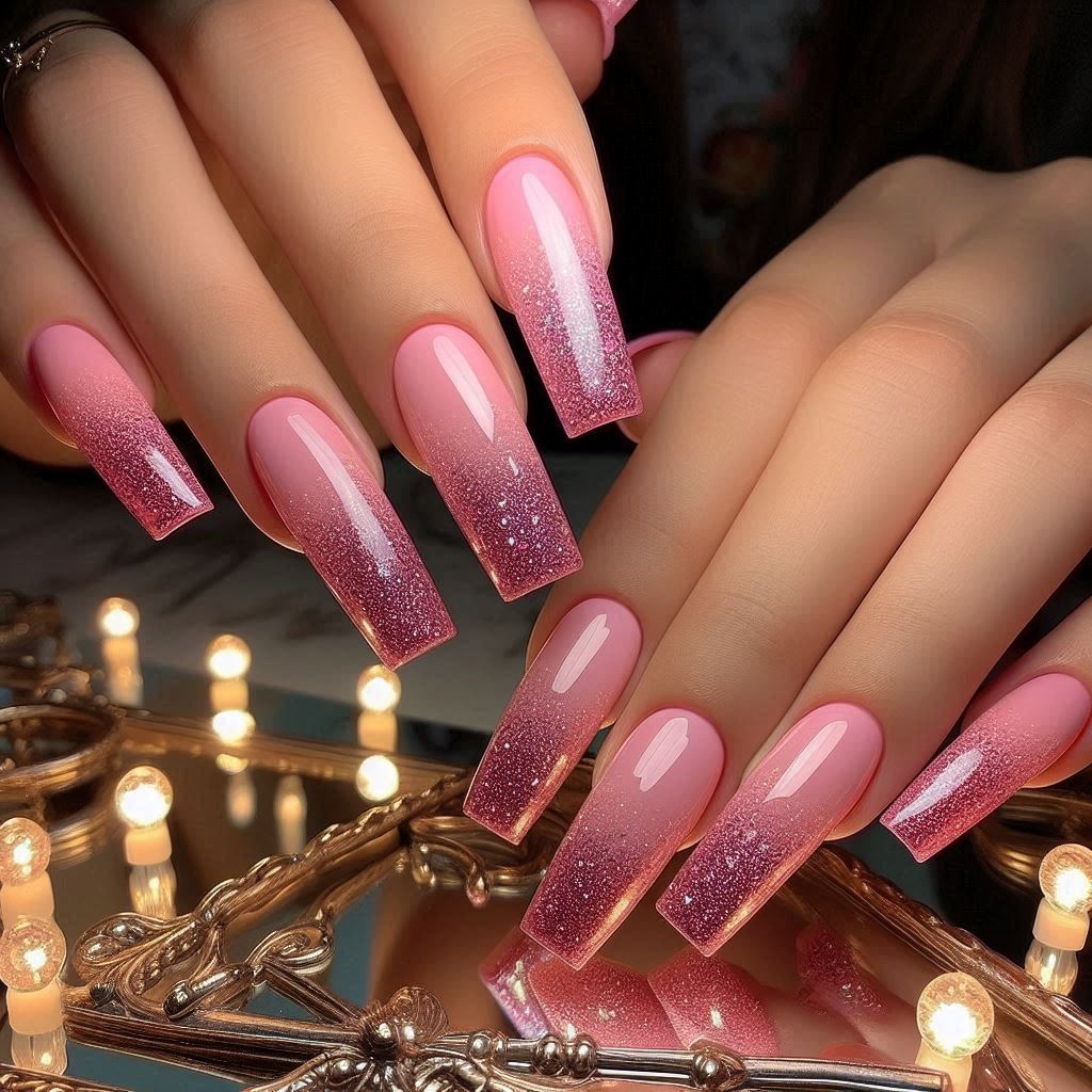Pink Ombre Glitter Nails