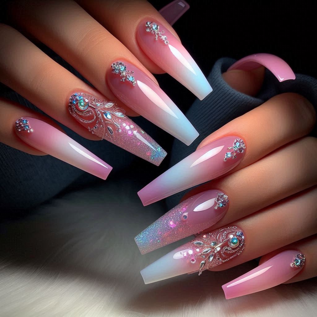 Pink & White Diamond Nails