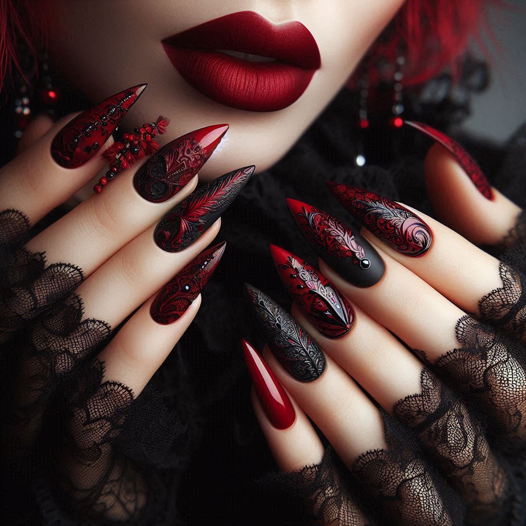 Red Coffin Nails with Black Lace Designs