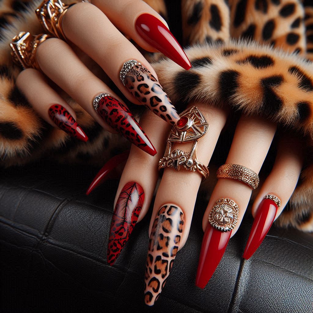 Red Coffin Nails with Leopard Print Tips