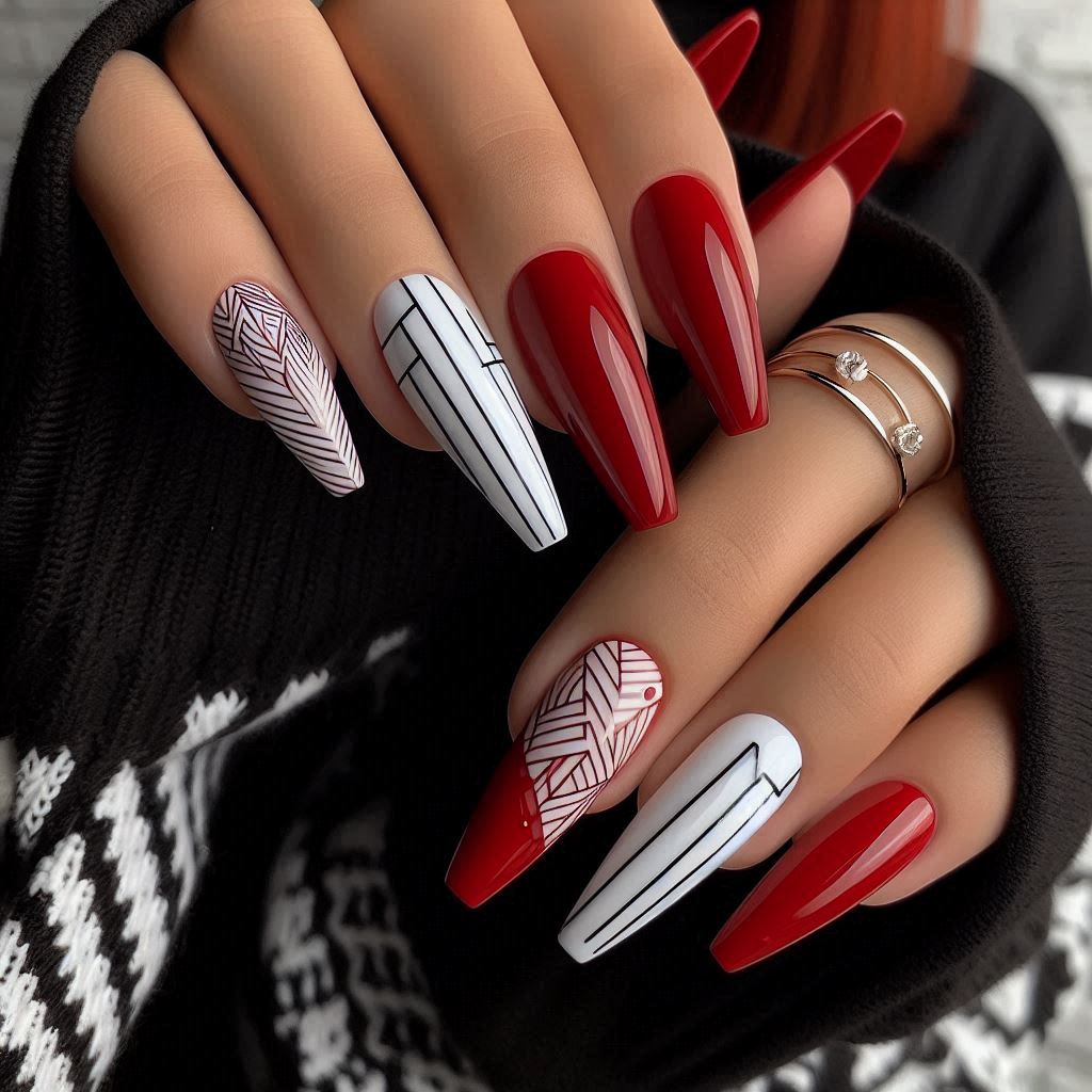 Red Coffin Nails with White Abstract Designs