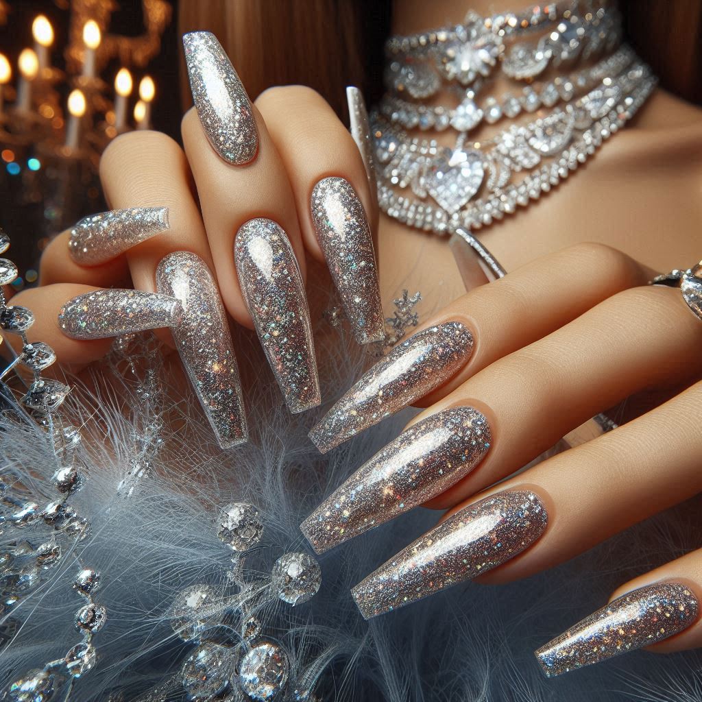 Silver Glitter Coffin Nails